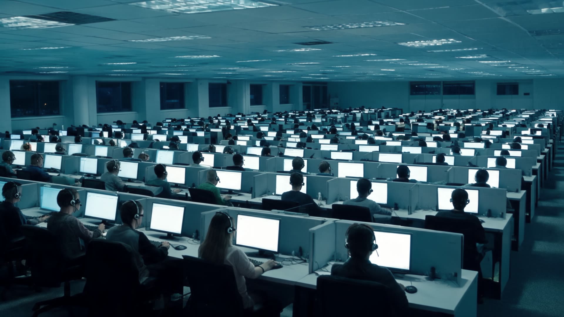 Rows of agents at computer screens in a large call centre.