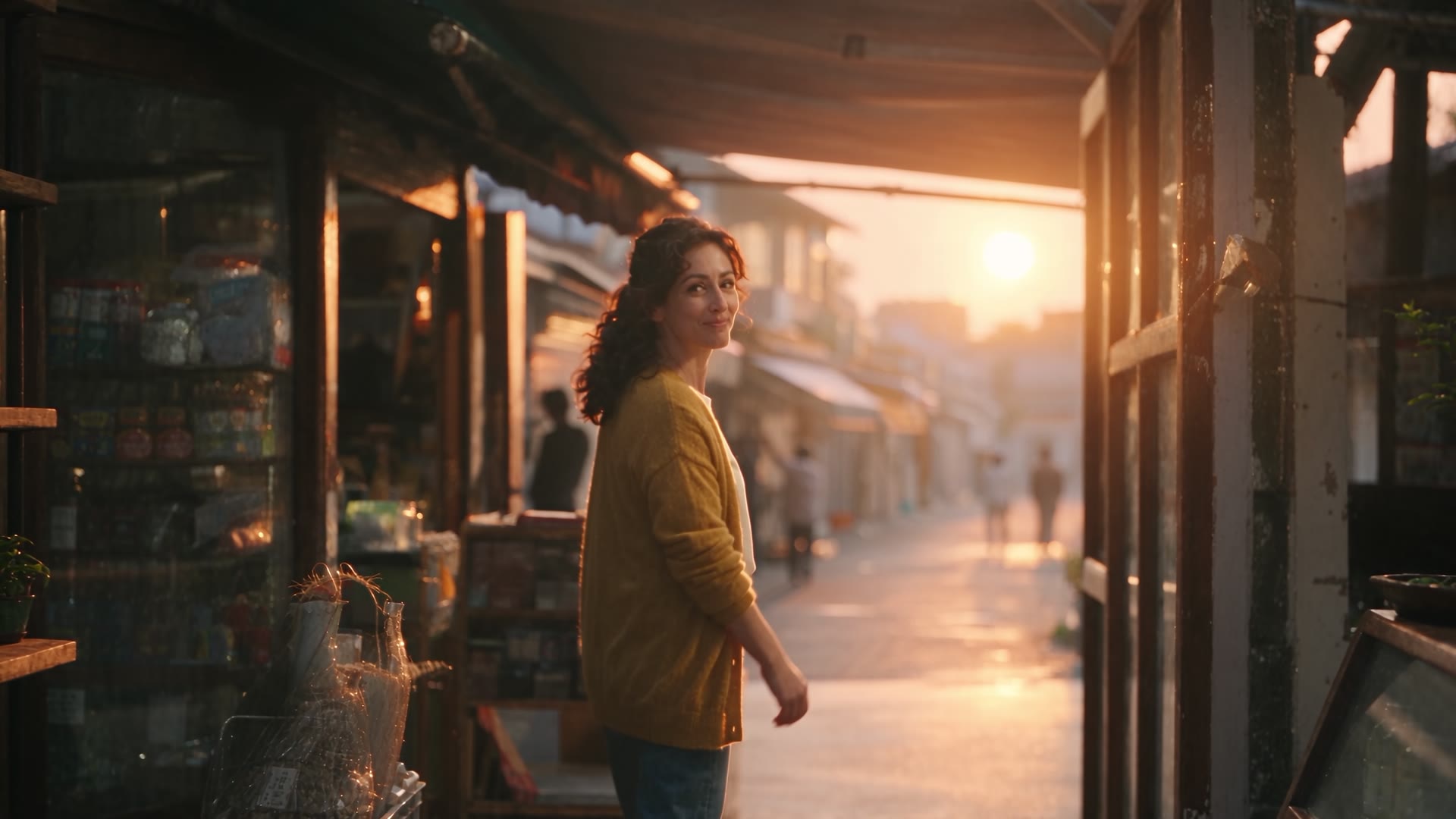 The shop owner looks back over her shoulder and smiles on a sunlit street.